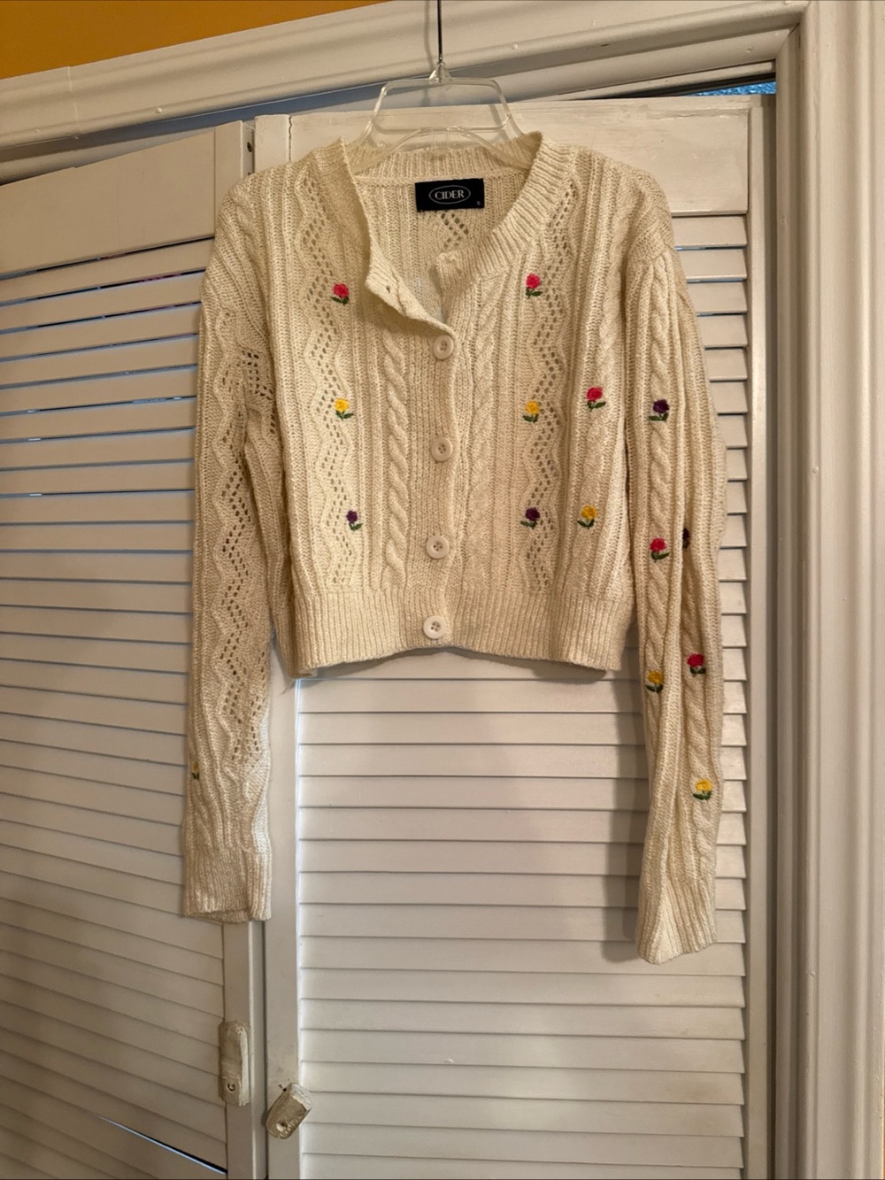 Cider Cream Cable Knit Crop Cardigan with Pink Yellow Purple Floral Embroidery